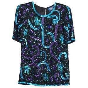 Vintage 1980s - Pinki Collection - 100% Silk Sequin Beaded Confetti Top, S or M